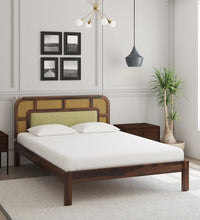 Interio Modern Wooden Platform Bed with Rattan Headboard – Solid Wood Frame, Minimalist Bedroom Furniture Queen Size