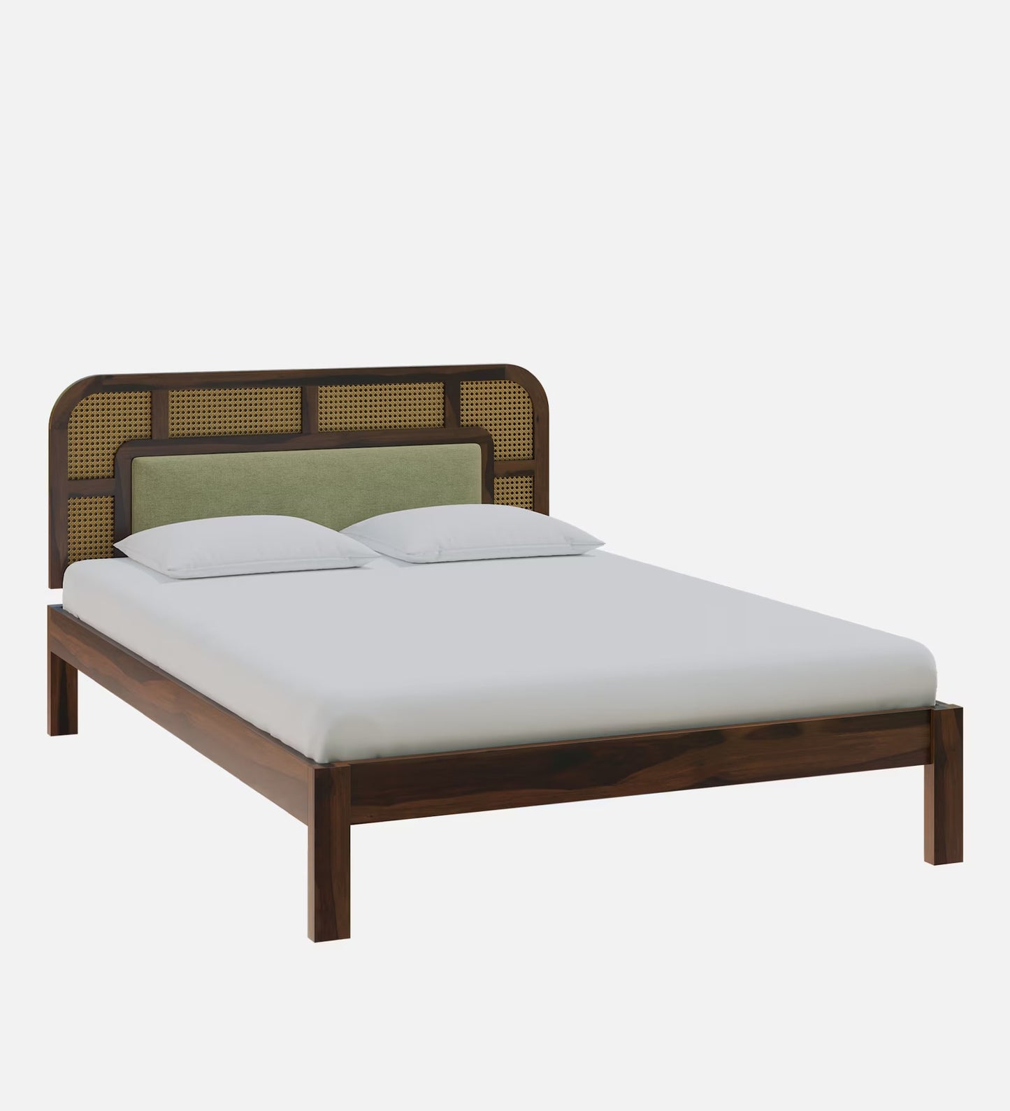 Interio Modern Wooden Platform Bed with Rattan Headboard – Solid Wood Frame, Minimalist Bedroom Furniture (King Size)