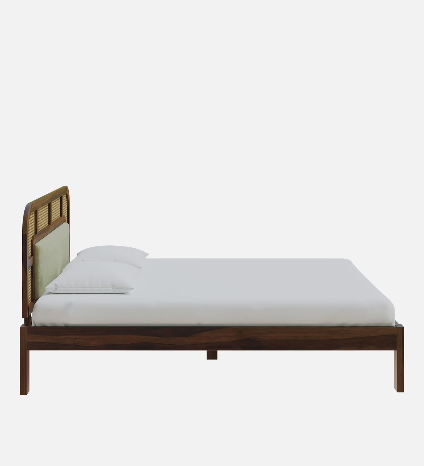 Interio Modern Wooden Platform Bed with Rattan Headboard – Solid Wood Frame, Minimalist Bedroom Furniture Queen Size