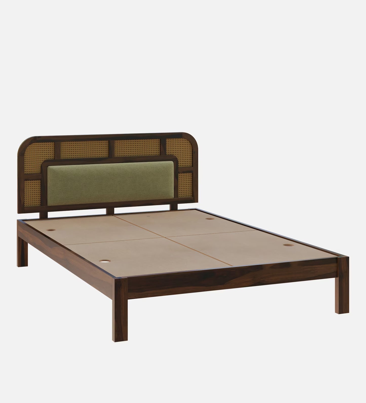 Interio Modern Wooden Platform Bed with Rattan Headboard – Solid Wood Frame, Minimalist Bedroom Furniture (King Size)