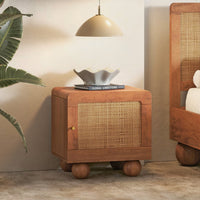 Japanese Solid Wood Rattan Bedside Table | Cane Nightstand with Storage