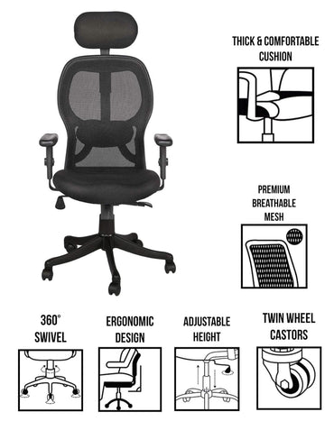 Jazz High Back Executive Office Chair for Desk, Office, Boss, Director with Swivel Function, Multi - Locking Mechanism, Adjustable Headrest, Armrests, Height, and Lumbar Support - Black - Torque India