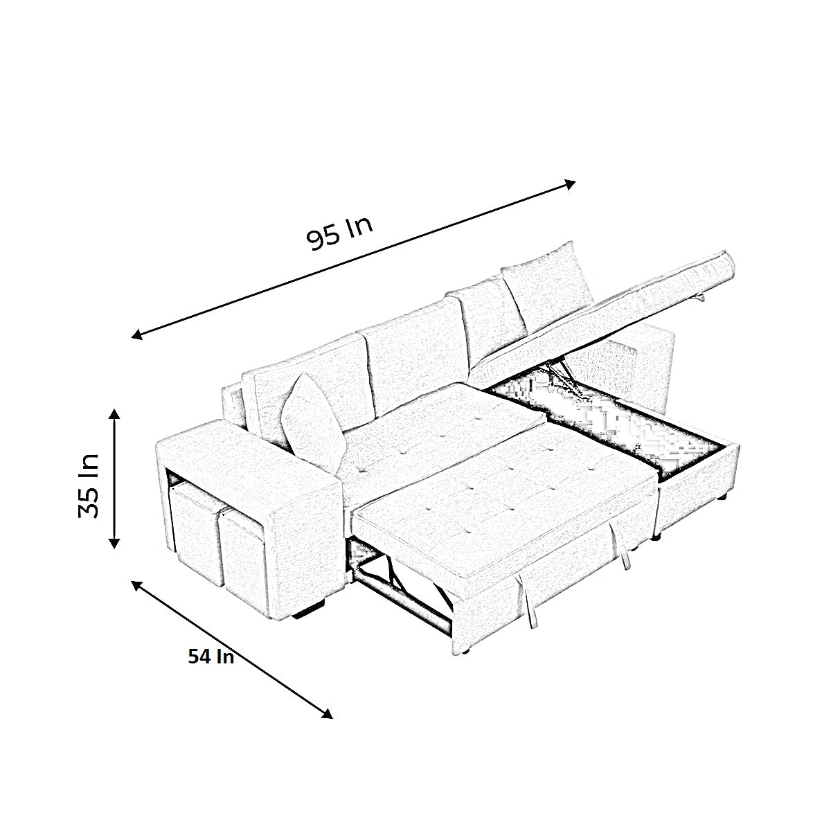 Kaven 6 Seater L Shape Sofa Cum Bed with Storage for Living Room 2 Puffy - Torque India