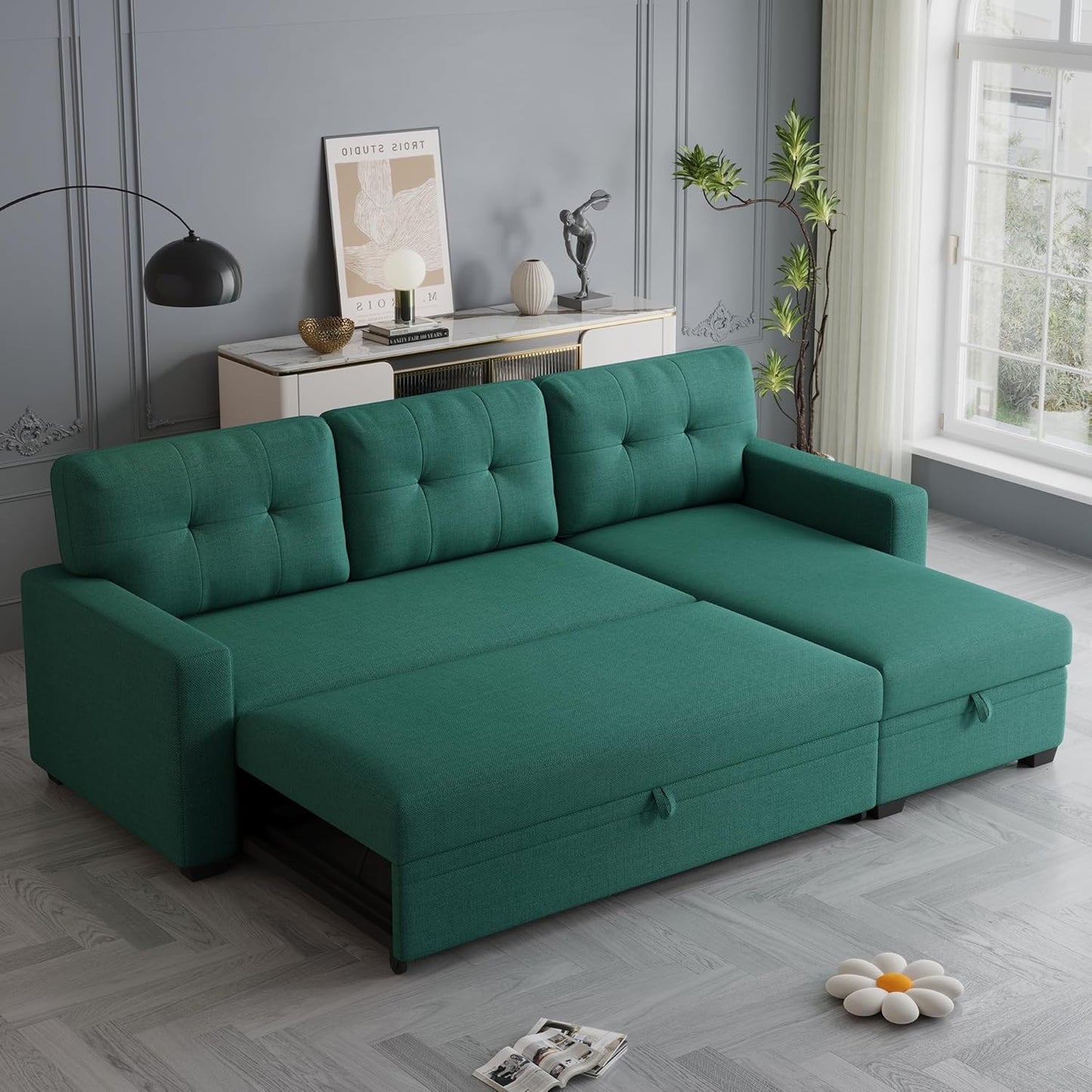 Lucia L - Shaped Sofa Cum Bed with Storage | 4 - Seater Folding Sofa for Living Room & Guest Room - Torque India