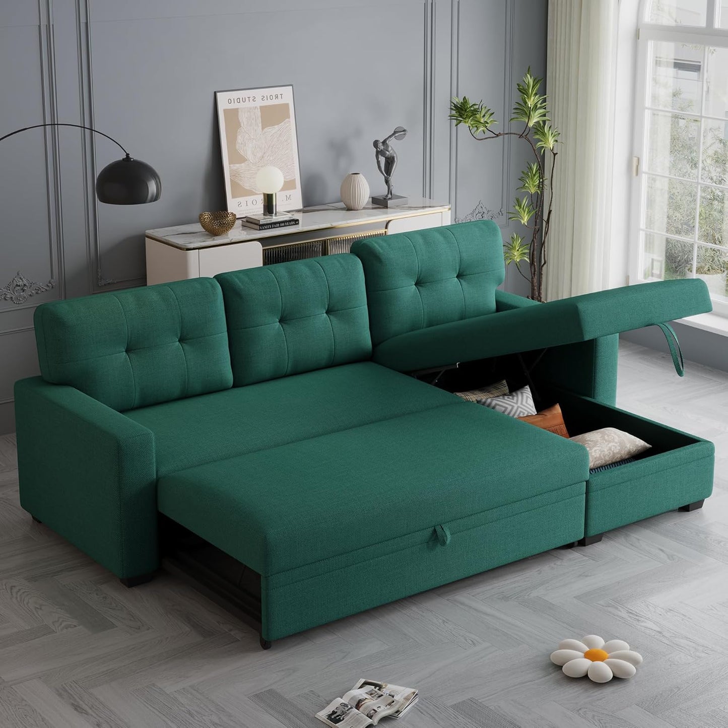 Lucia L - Shaped Sofa Cum Bed with Storage | 4 - Seater Folding Sofa for Living Room & Guest Room - Torque India