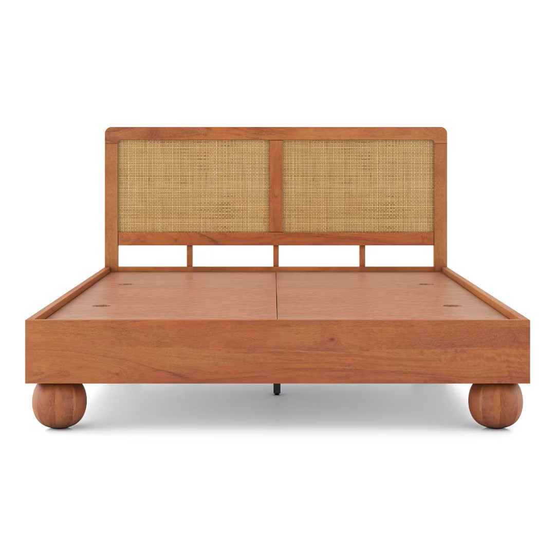 Japanese Style King Size Wooden Bed with Cane Backrest
