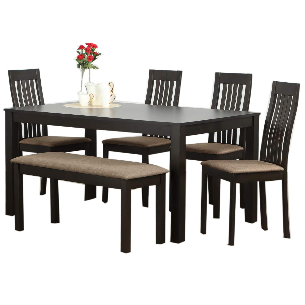 Marshall 6 Seater Dining Table with 4 Chairs and 1 Bench (Beige Walnut Finish) - Torque India
