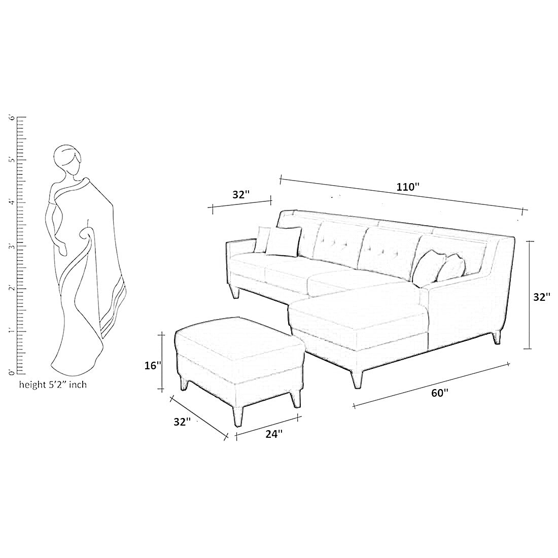 Milner L Shape 6 Seater Fabric Sofa with Ottoman - Torque India