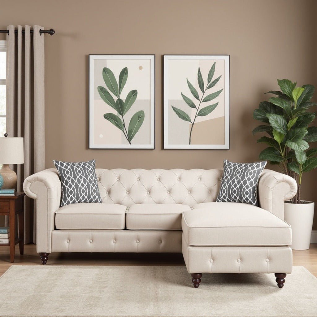 Sage Solid Wood 3 Seater Fabric Chesterfield Sofa With Ottoman - Torque India