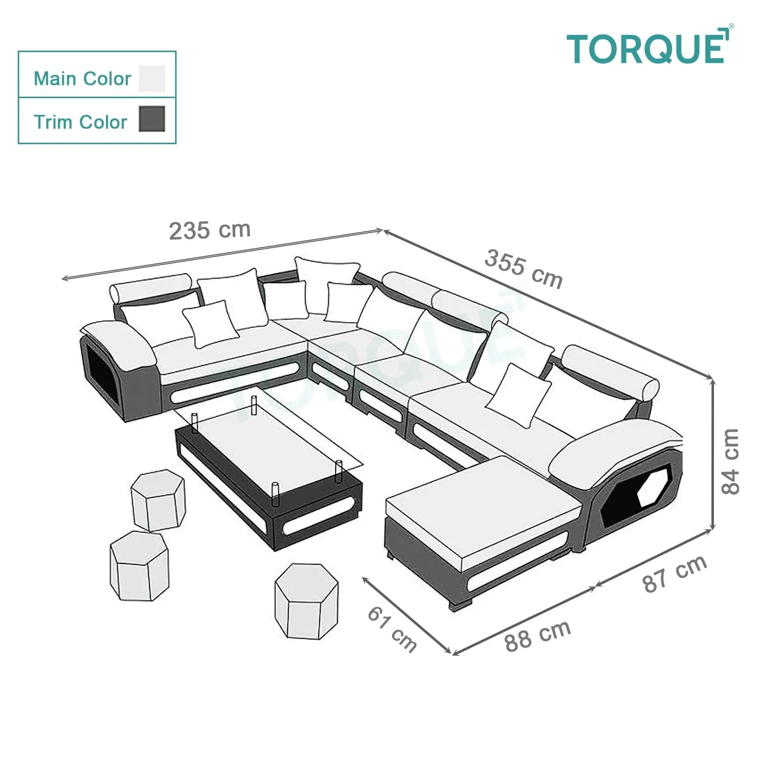 Silvester 12 Seater U Shape Premium Sectional Fabric Sofa Set with 4 Puffy - Torque India