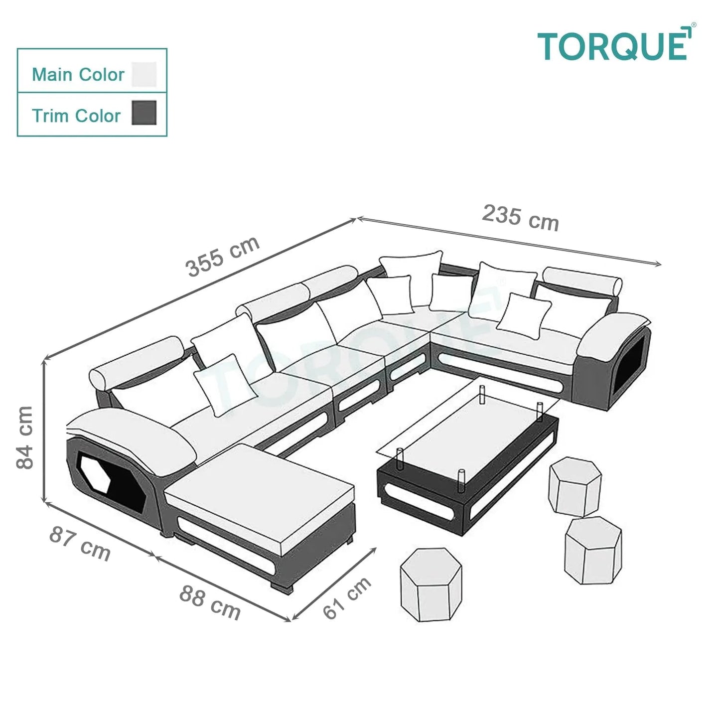 Silvester 12 Seater U Shape Premium Sectional Fabric Sofa Set with 4 Puffy - Torque India