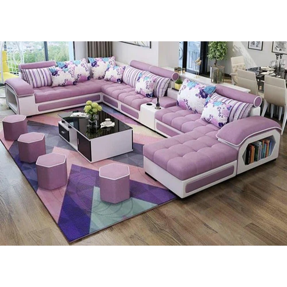 Silvester U - Shape 12 - Seater Fabric Sofa Set with Cup Holder with 4 Puffy - Torque India