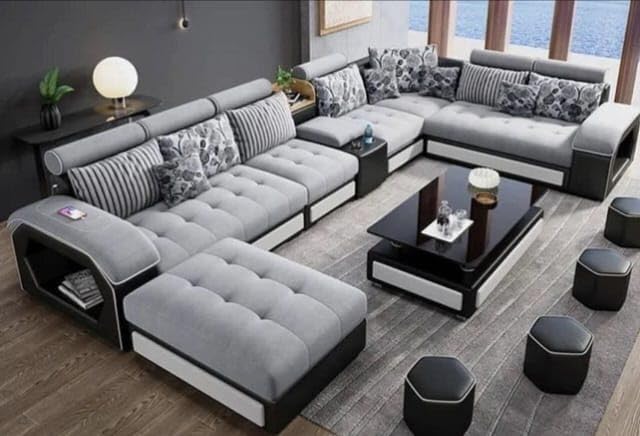 Silvester U - Shape 9 - Seater Fabric Sofa Set with Cup Holder and 4 Additional Puffies - Torque India