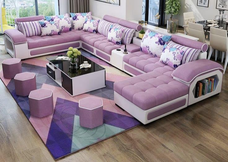 Silvester U - Shape 9 - Seater Fabric Sofa Set with Cup Holder and 4 Additional Puffies - Torque India