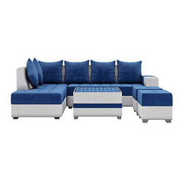 Steffan L Shape 8 Seater Fabric Sofa Set with Centre Table and 2 Puffy