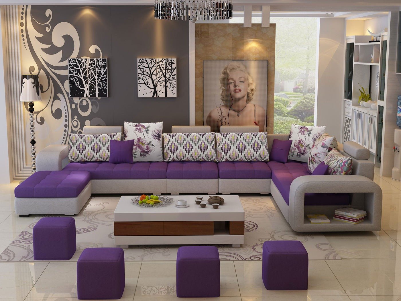 Allister U Shape 9 Seater Fabric Sofa Set with 4 Square Puffy - Torque India