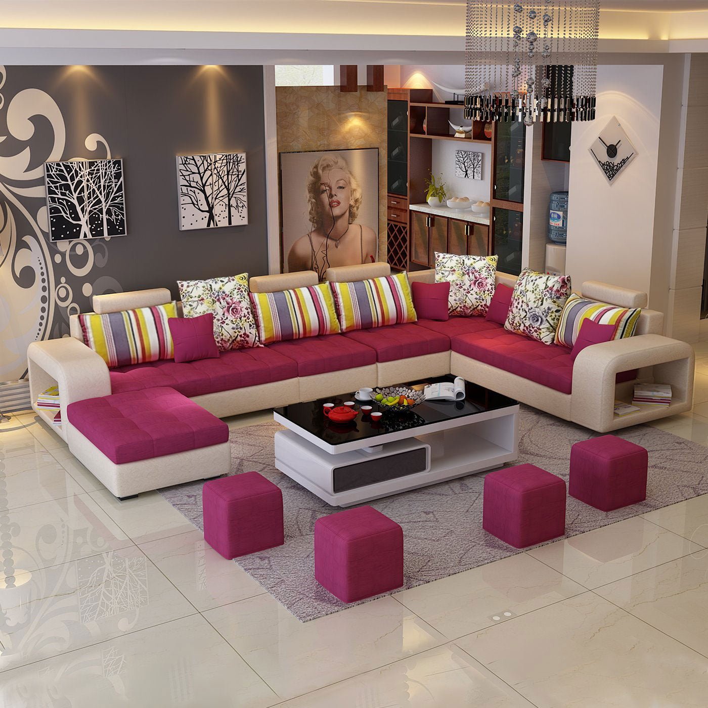Allister U Shape 9 Seater Fabric Sofa Set With 4 Square Puffy Torque India