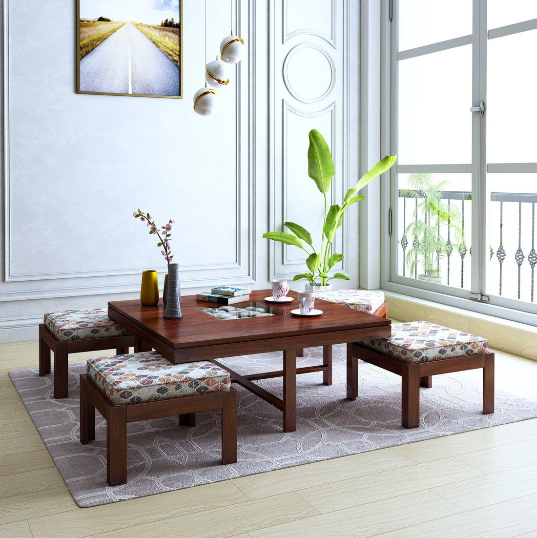 Anzio Solid Wood Coffee Table Centre Table With 4 Seating Stool For Living Room. - Torque India