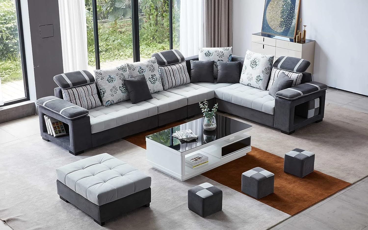 Bristol U Shape 9 Seater Fabric Sofa Set with 4 Puffy for Living Room - Torque India