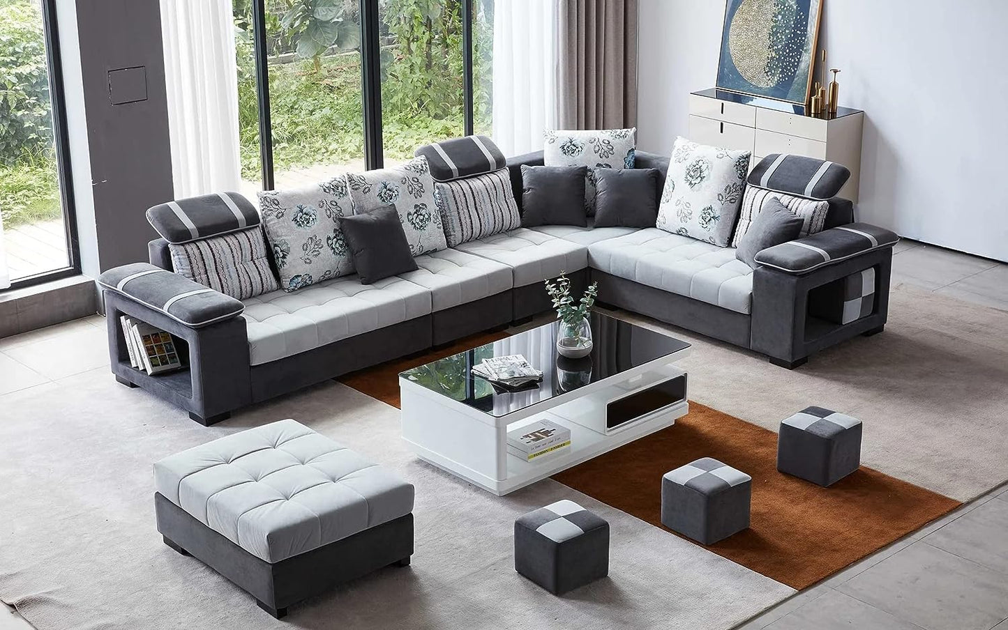 Bristol U Shape 9 Seater Fabric Sofa Set with 4 Puffy for Living Room - Torque India