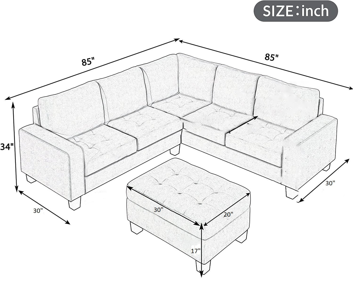 Christopher 5 Seater L Shape Fabric Sofa With Ottoman - Torque India