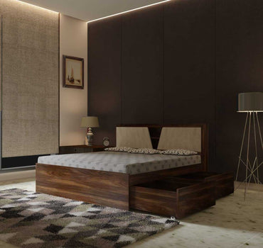 Citrus Engineered Wood Bed with Box Storage for Bedroom (Brown) - Torque India