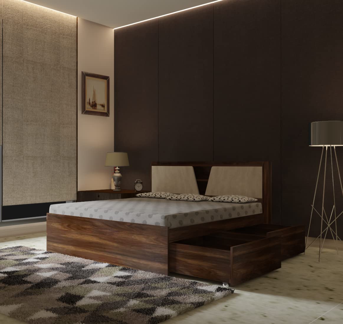 Citrus Engineered Wood Bed with Box Storage for Bedroom (Brown) - Torque India