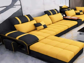 Galster U Shape 9 Seater Fabric Sofa Set and additional 4 Puffy - Torque India