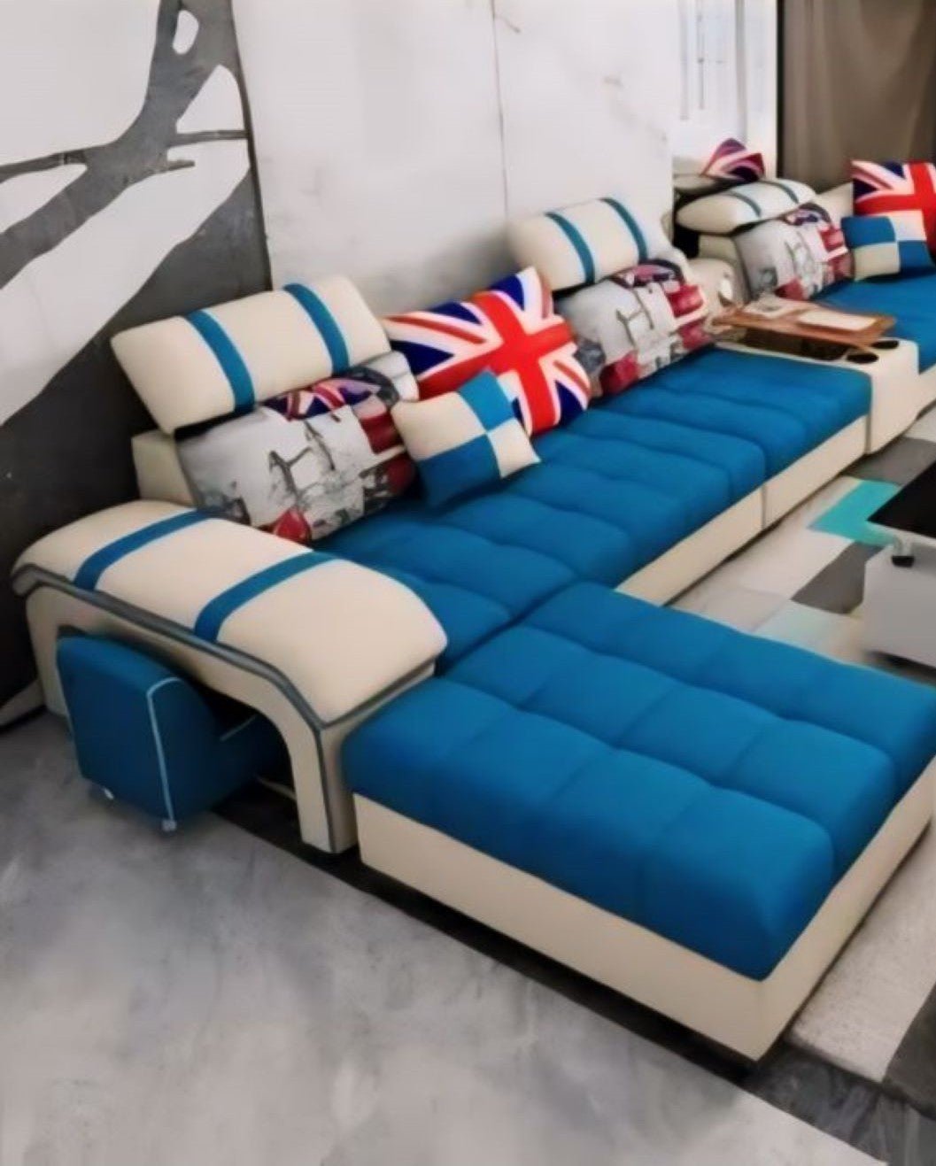 Galster U Shape 9 Seater Fabric Sofa Set and additional 4 Puffy - Torque India