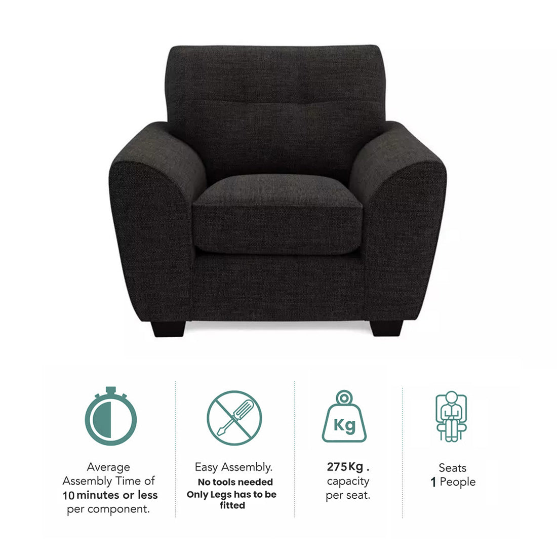 Hatfield 1 Seater Fabric Sofa for Living Room - Torque India