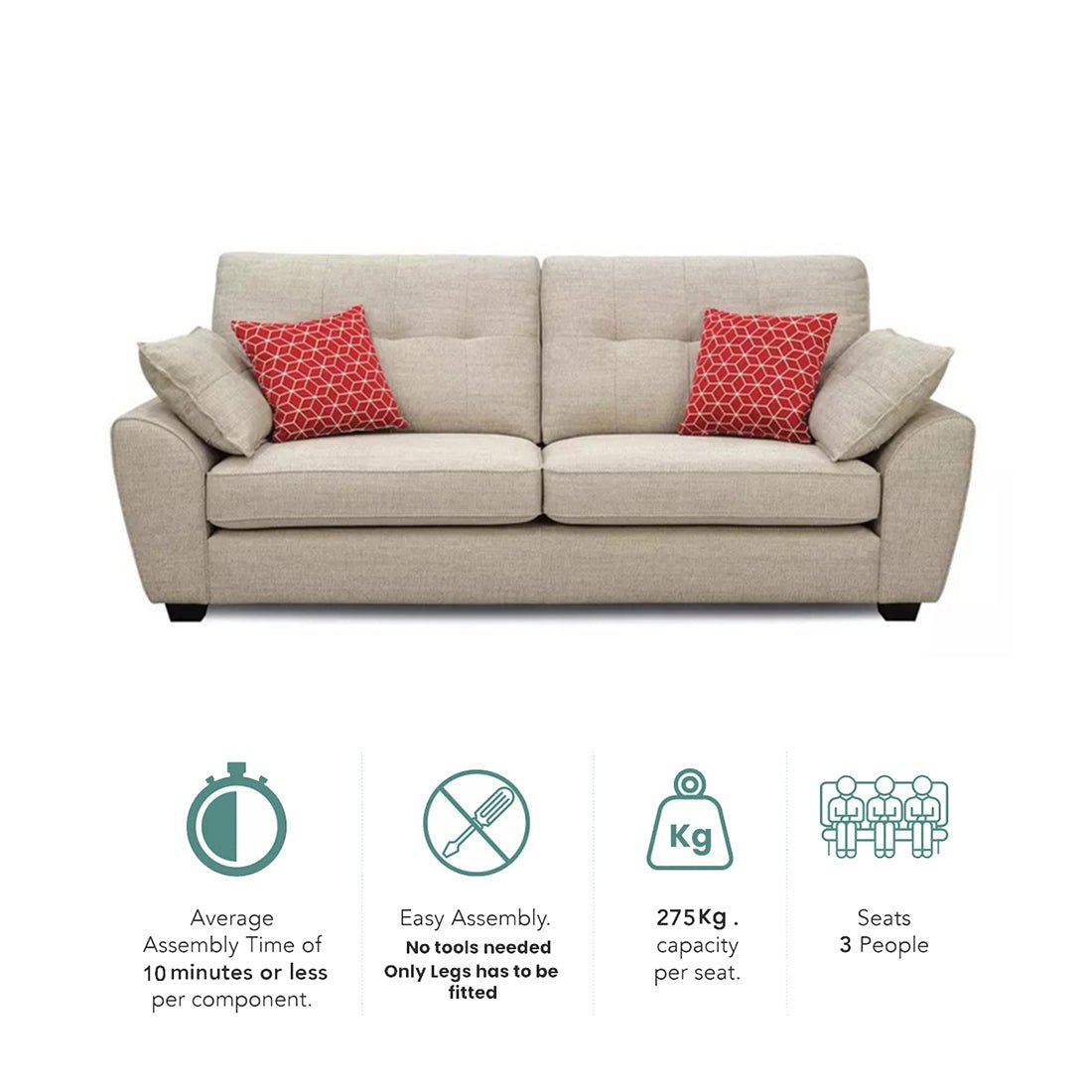 Hatfield 3 Seater Fabric Sofa for Living Room - Torque India