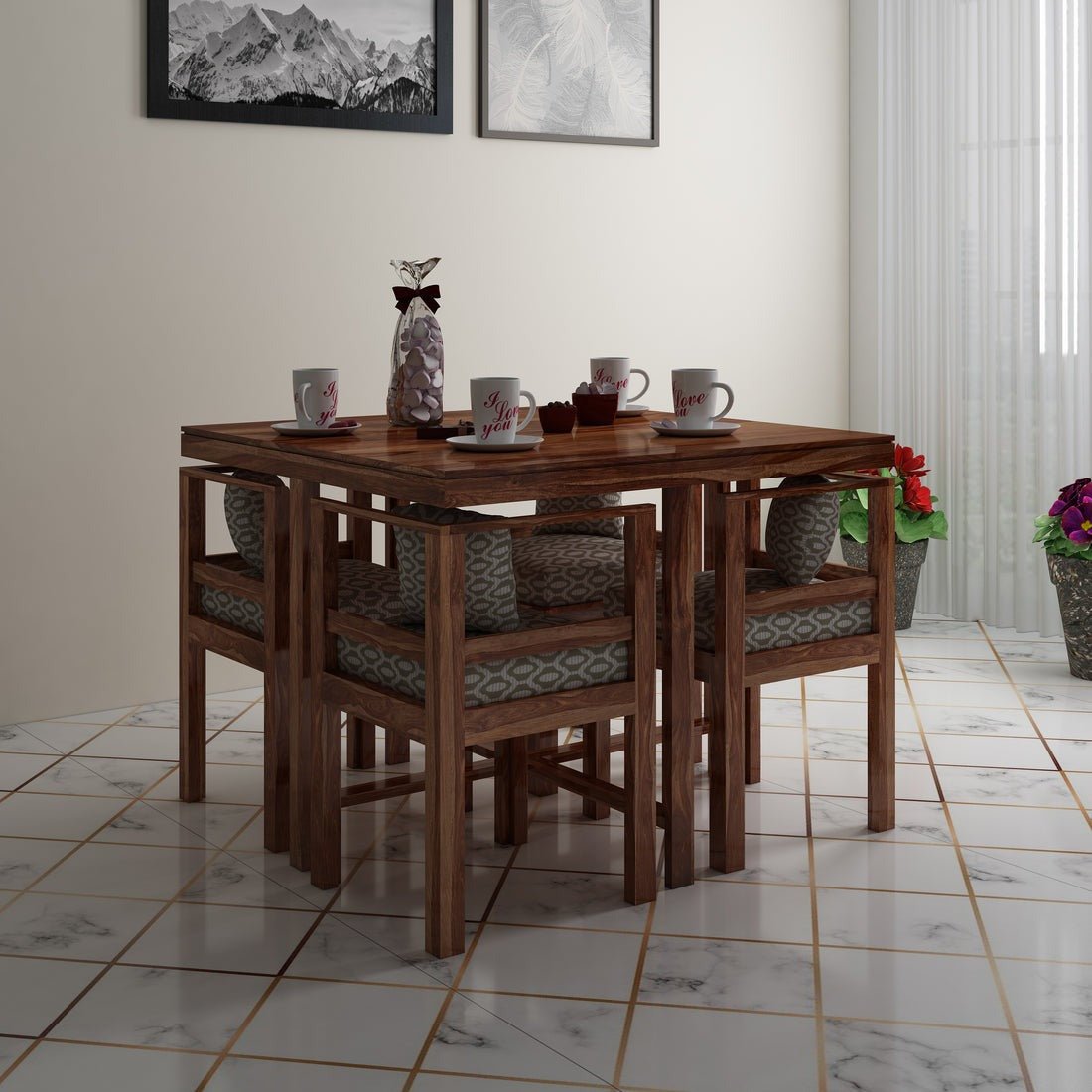 Jeff Wooden Square Dining Table Sets with 4 Cushioned Chairs - Torque India