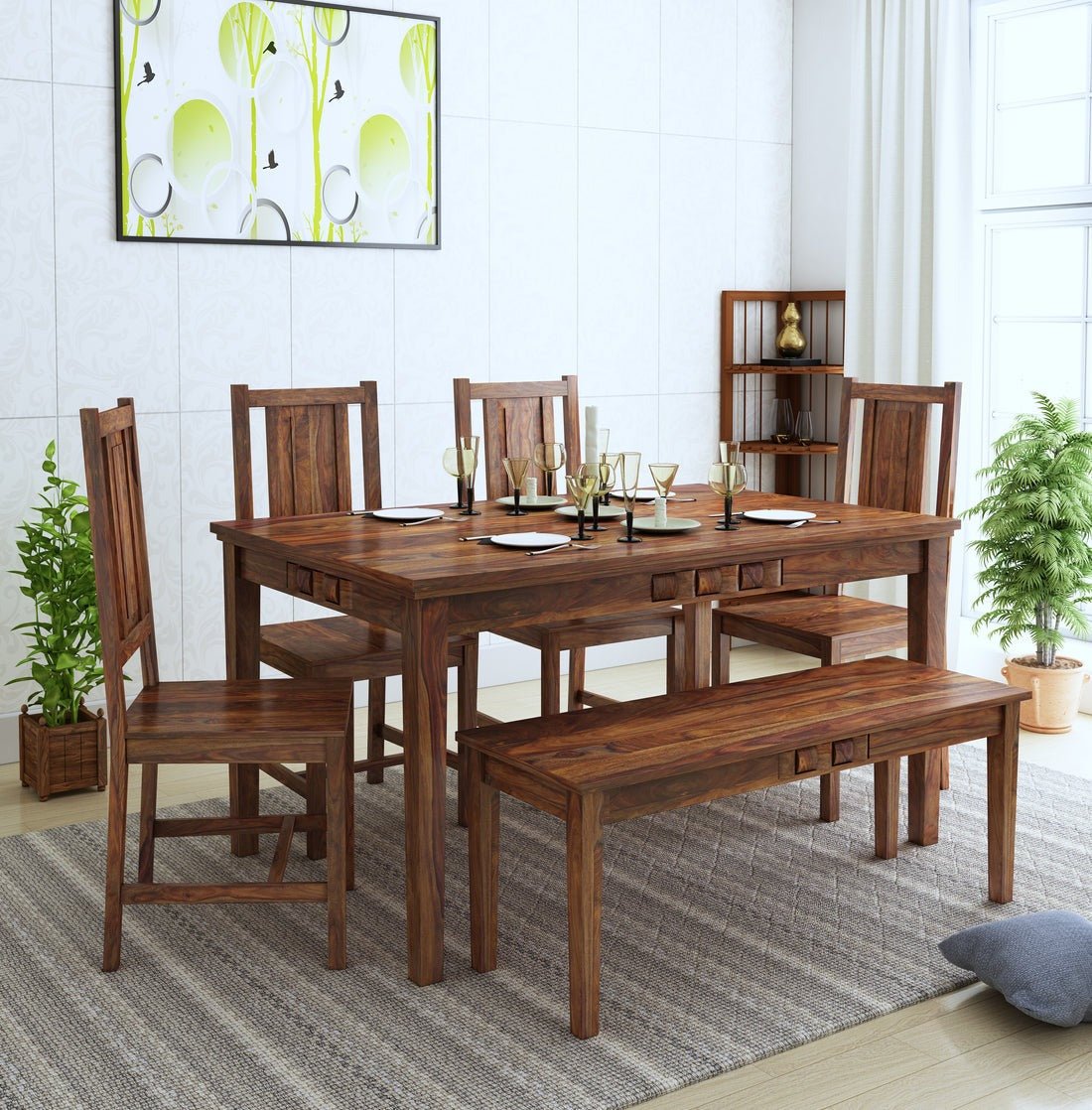 Jonson 6 Seater Wooden Rectangle Dining Table Sets with 4 Cushioned Chairs - Torque India