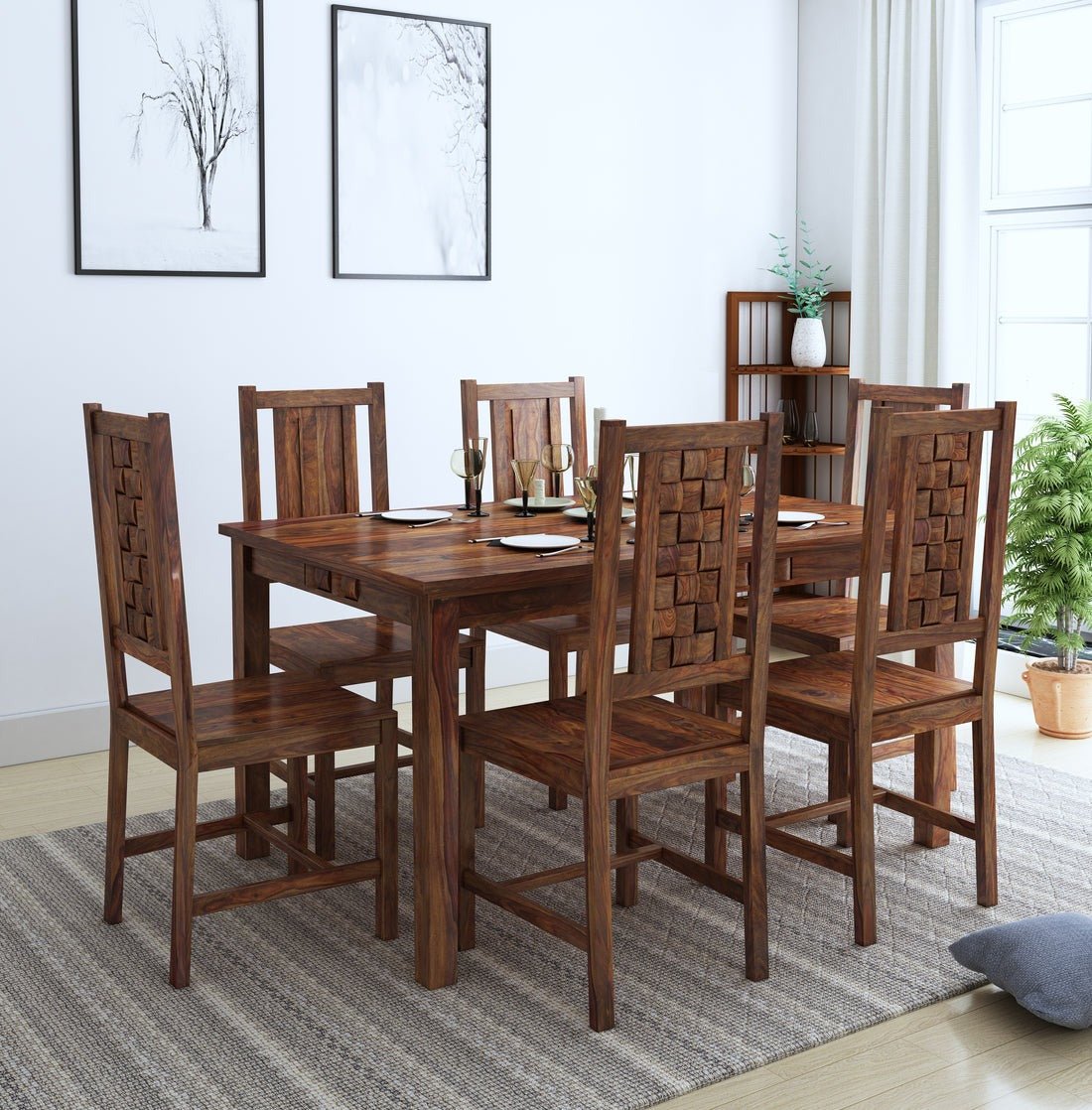 Jonson 6 Seater Wooden Rectangle Dining Table Sets with 4 Cushioned Chairs - Torque India