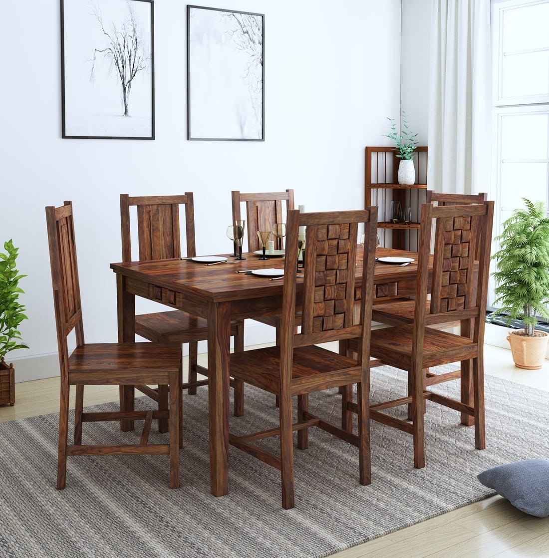 Jonson 6 Seater Wooden Rectangle Dining Table Sets with 4 Cushioned Chairs - Torque India