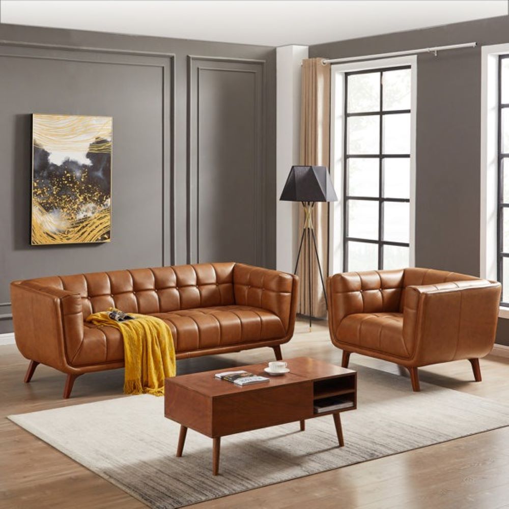 Louis Leatherette Sofa For Living Room - Brown - Torque India