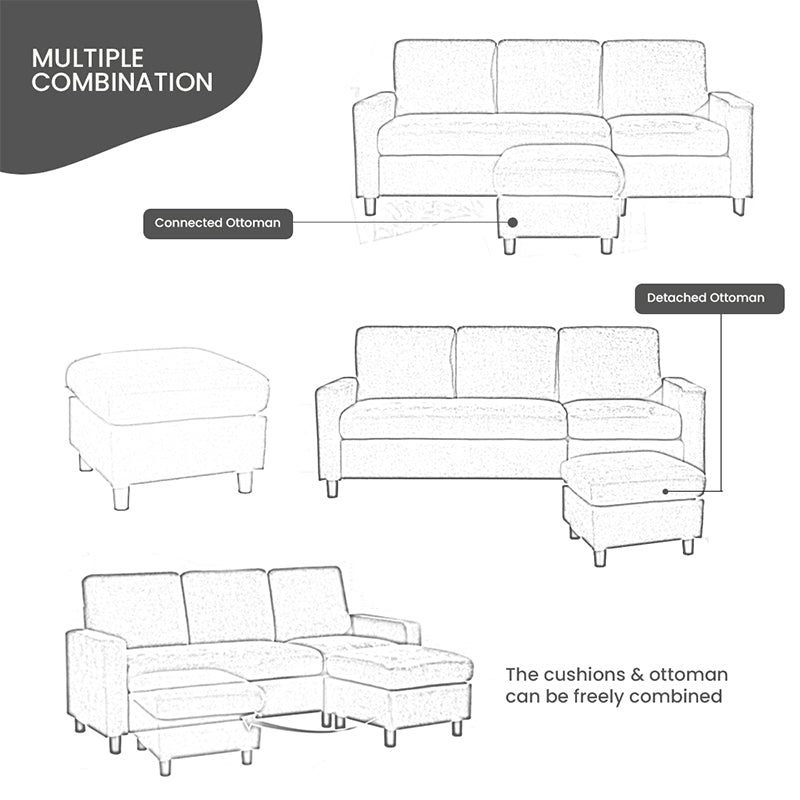 Notch 4 Seater Reversible Modular Sofa & Chaise with Ottoman - Torque India