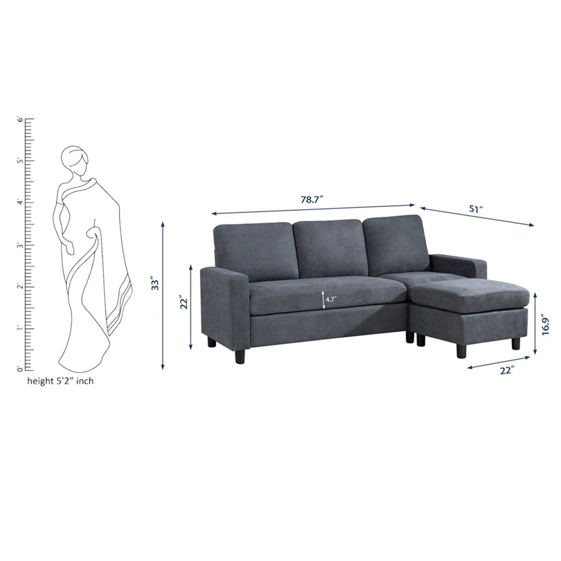 Notch 4 Seater Reversible Modular Sofa & Chaise with Ottoman - Torque India