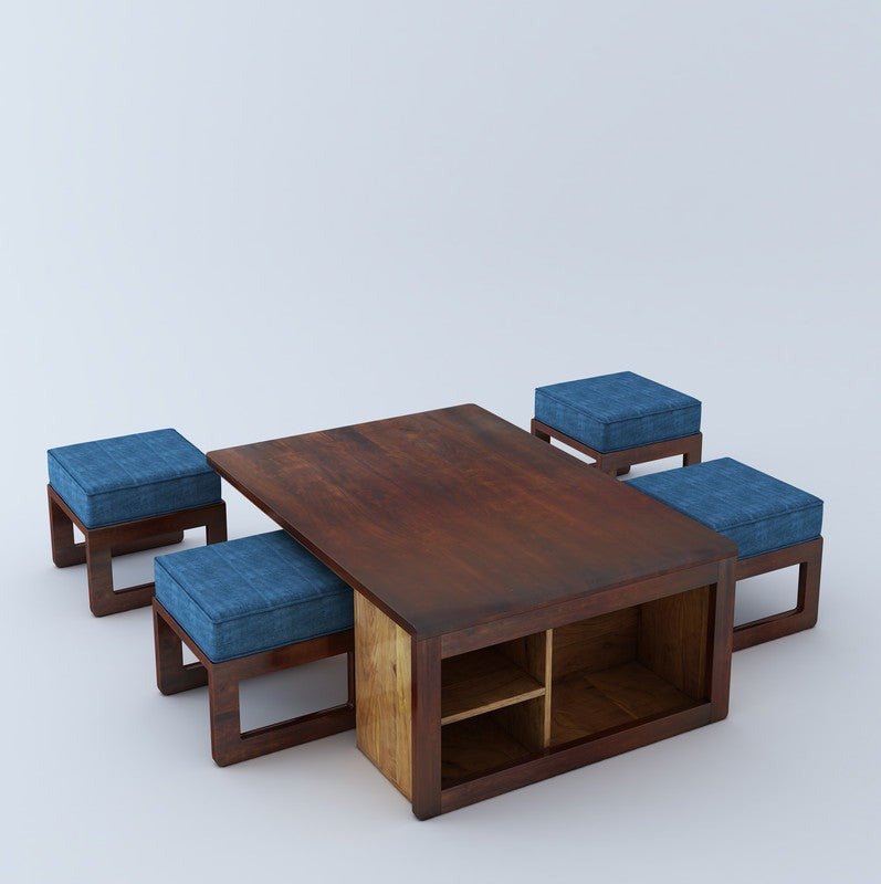 Plutto Solid Wood Coffee Table Centre Table With 4 Seating Stool For Living Room. - Torque India