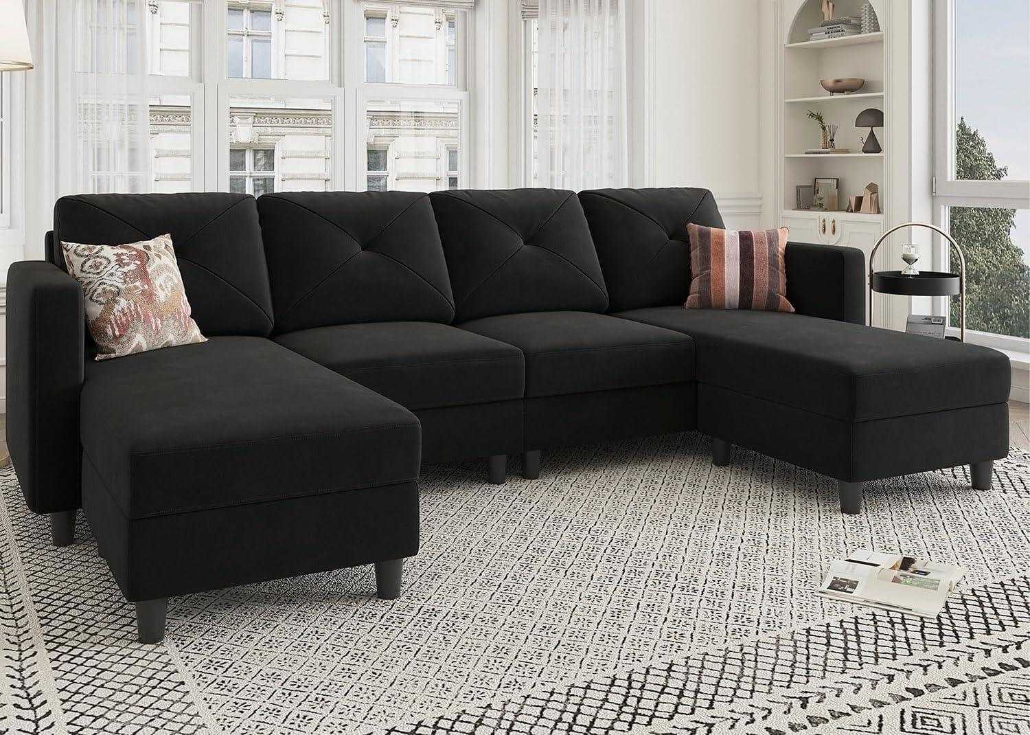 6-Seater U-Shaped Sectional Sofa With Storage Console - 130" Oversized Linen Cloud Couch, Double Chaise