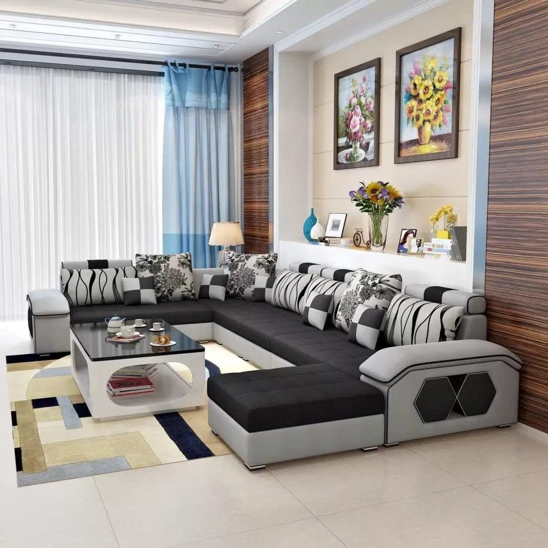 Silvester U Shape 9 Seater Fabric Sofa Set with 4 Puffy - Torque India