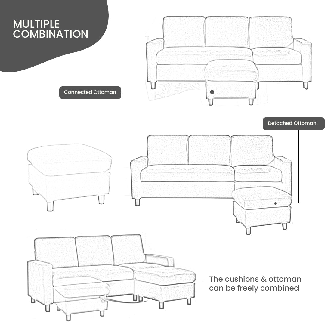 Torque - Alessa 4 Seater Reversible Modular Sofa & Chaise with Ottoman - Torque India