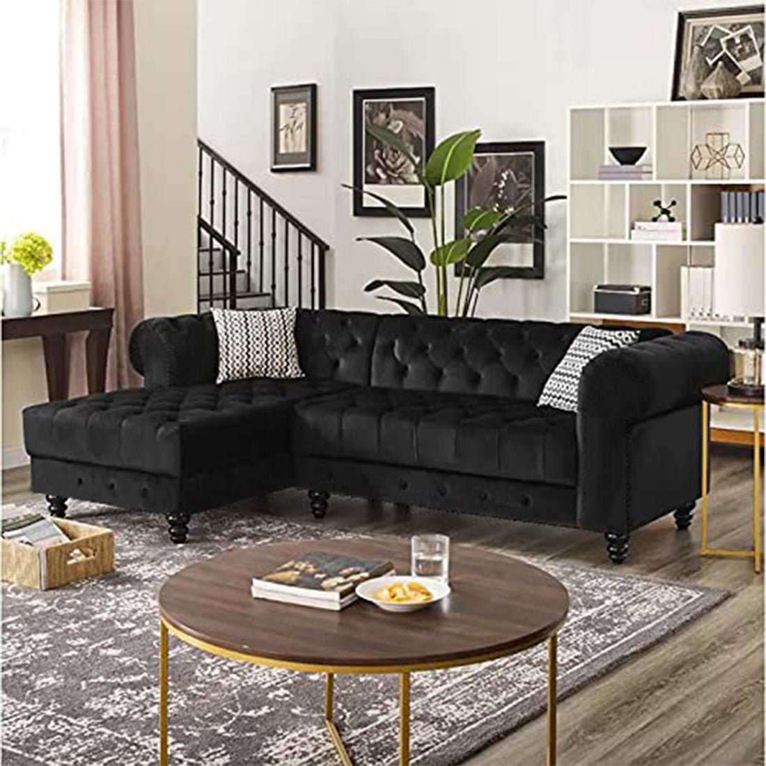 Torque India Cannes Solid Wood 5 Seater L Shape Fabric Chesterfield Sofa for Living - Black - Torque India