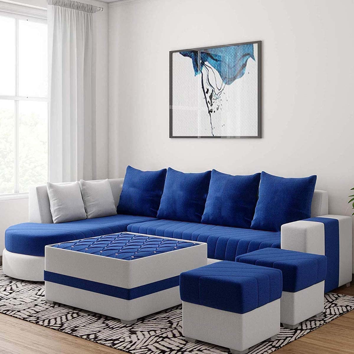 Torque India Christie L Shape 8 Seater Sofa Set with Centre Table and 2 Puffy | L Shape 8 Seater Sofa Set - Torque India