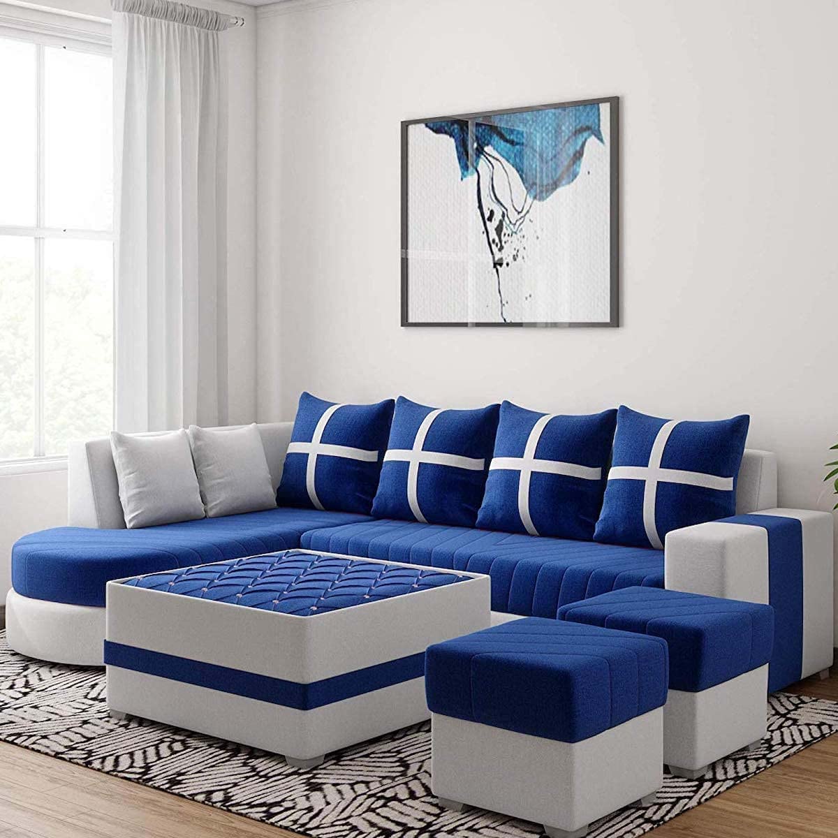 Torque India Dalton L Shape 8 Seater Sofa Set with Centre Table and 2 Puffy (LHS/ RHS) - Torque India