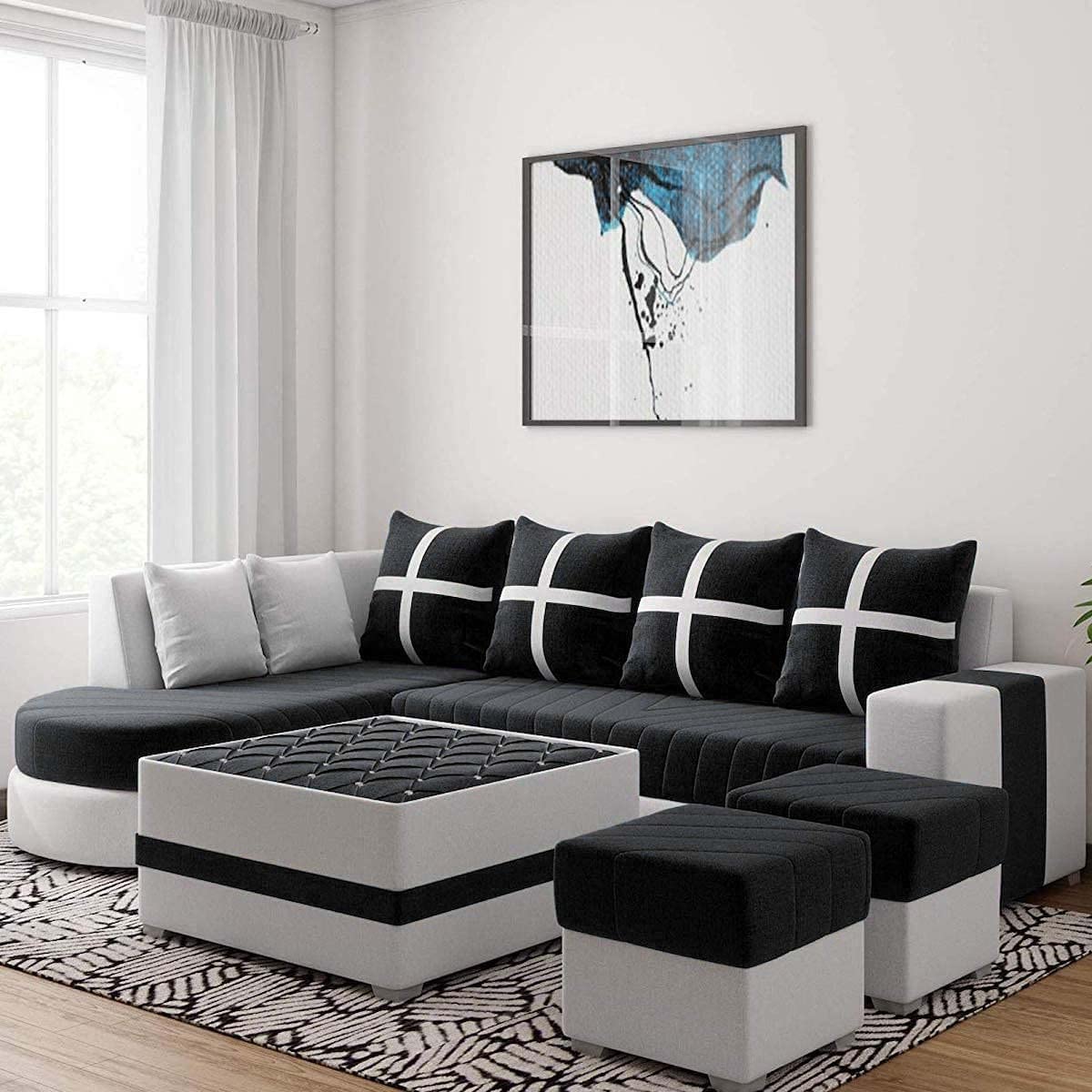 Torque India Dalton L Shape 8 Seater Sofa Set with Centre Table and 2 Puffy (LHS/ RHS) - Torque India