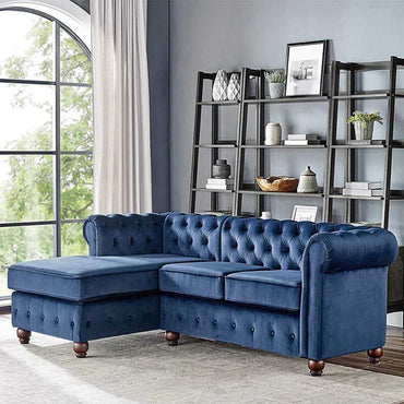 Torque India Eureka Solid Wood 4 Seater L Shape Fabric Chesterfield Sofa For Living - Blue - Torque India