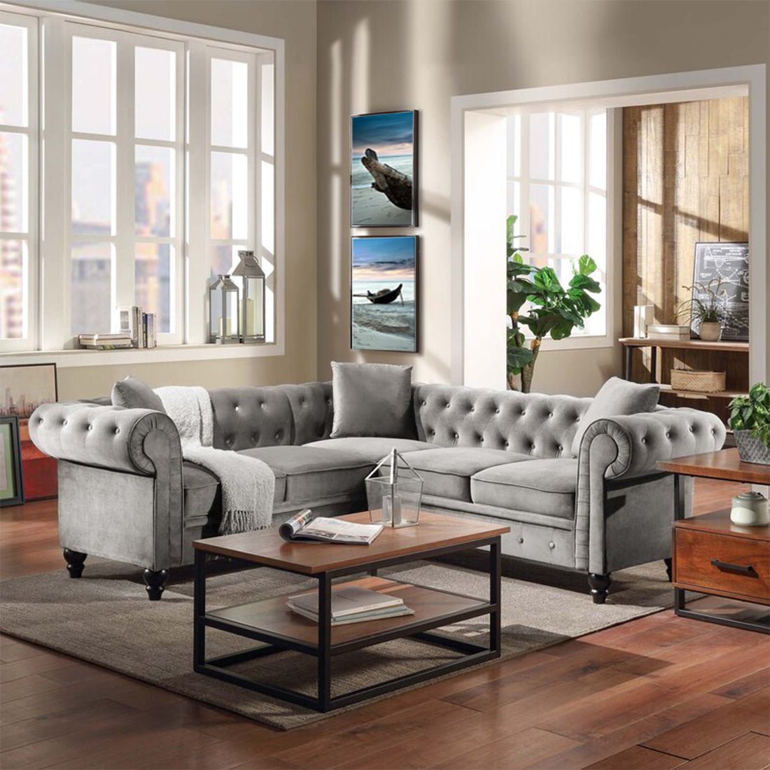 Torque India Glacier solid Wood 5 Seater Fabric L Shape Chesterfield Sofa for Living Room - Grey - Torque India