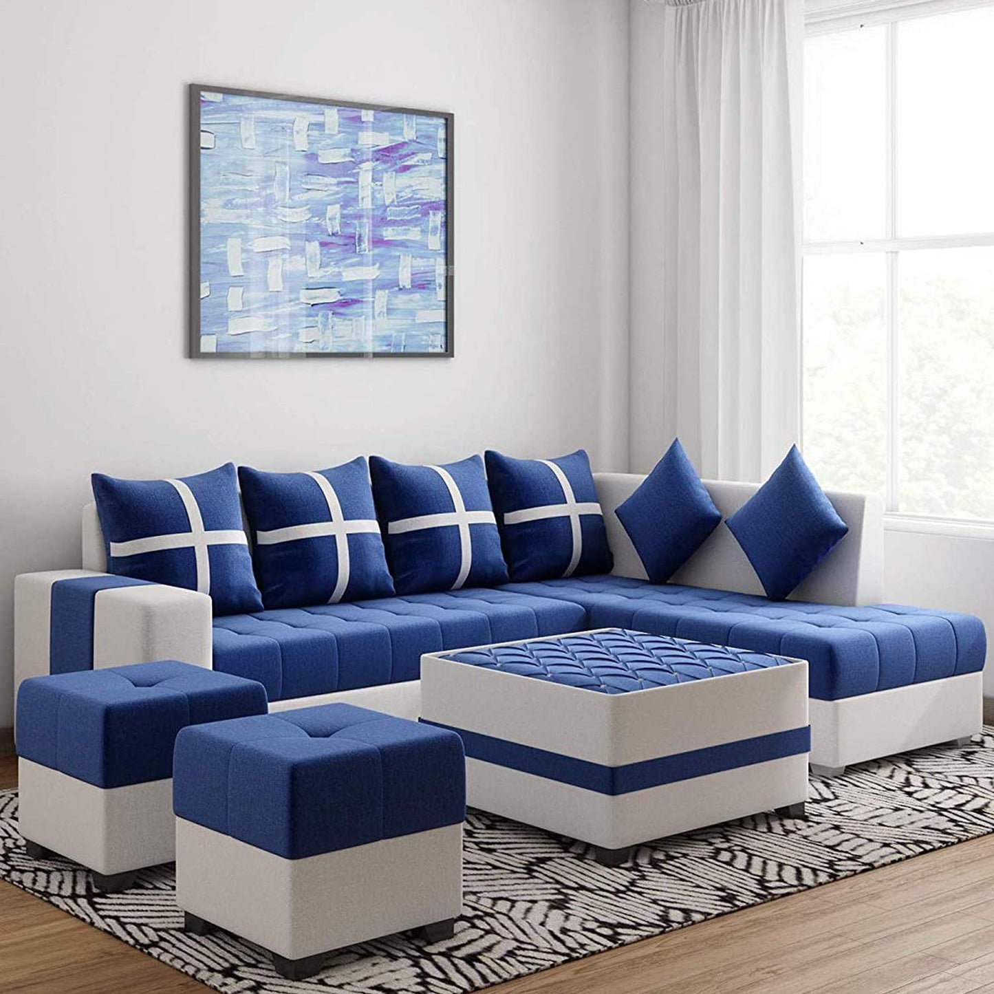 Torque India Jamestown L Shape 8 Seater Fabric Sofa Set for Living Room with Center Table and 2 Puffy - TorqueIndia