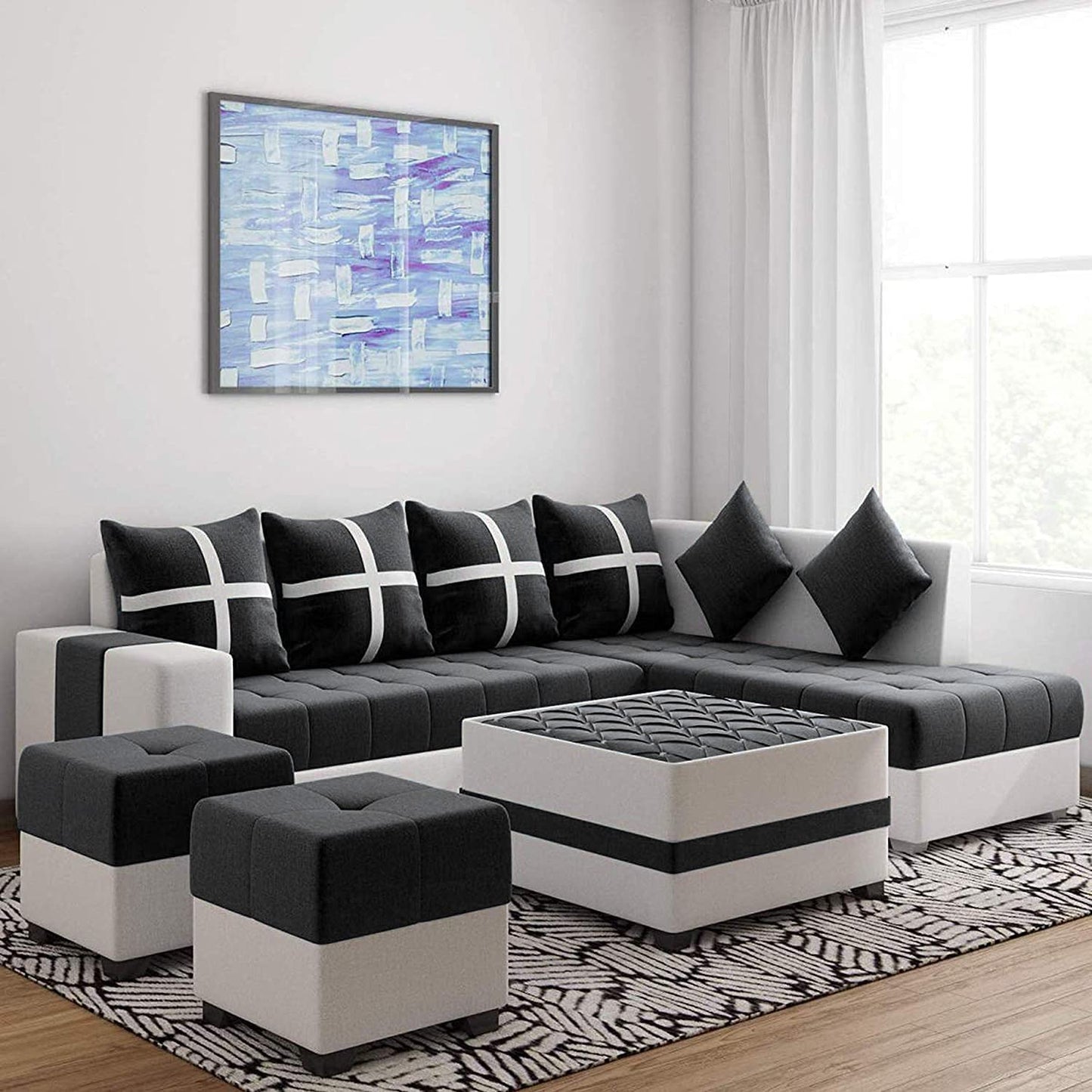 Torque India Jamestown L Shape 8 Seater Fabric Sofa Set for Living Room with Center Table and 2 Puffy - TorqueIndia